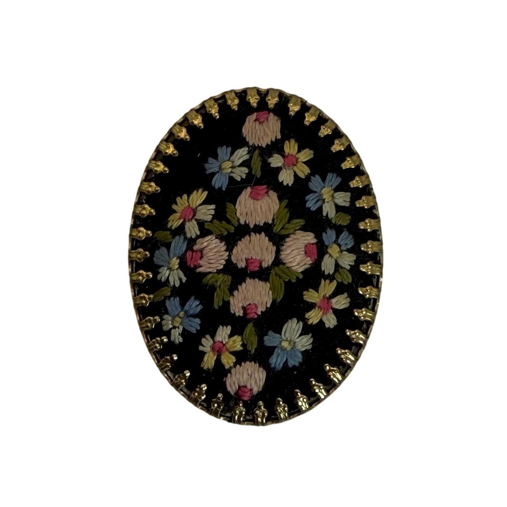 Vintage Petit Point Floral Needlepoint Brooch – Victorian Revival Style‎ Pin